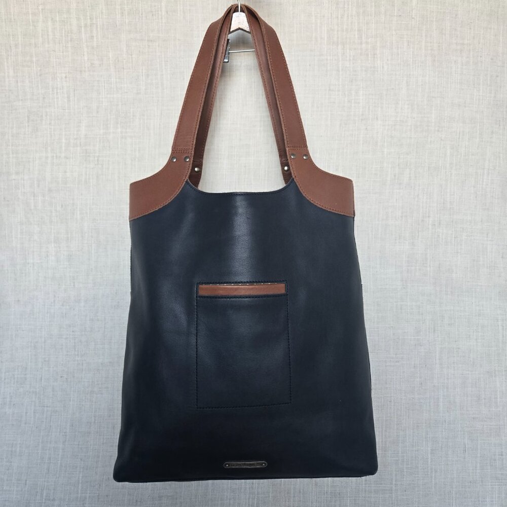 Duluth Trading Co. Black Leather & Brown Trim Zipper Lined Tote w Accessory Bag - Picture 6 of 14